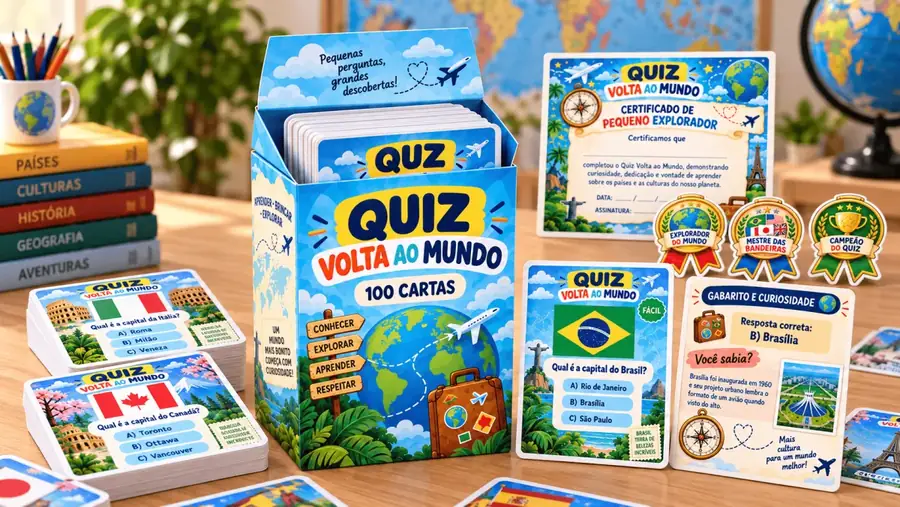 Quiz Volta ao Mundo: 100 cartas com perguntas sobre países, capitais, bandeiras e curiosidades