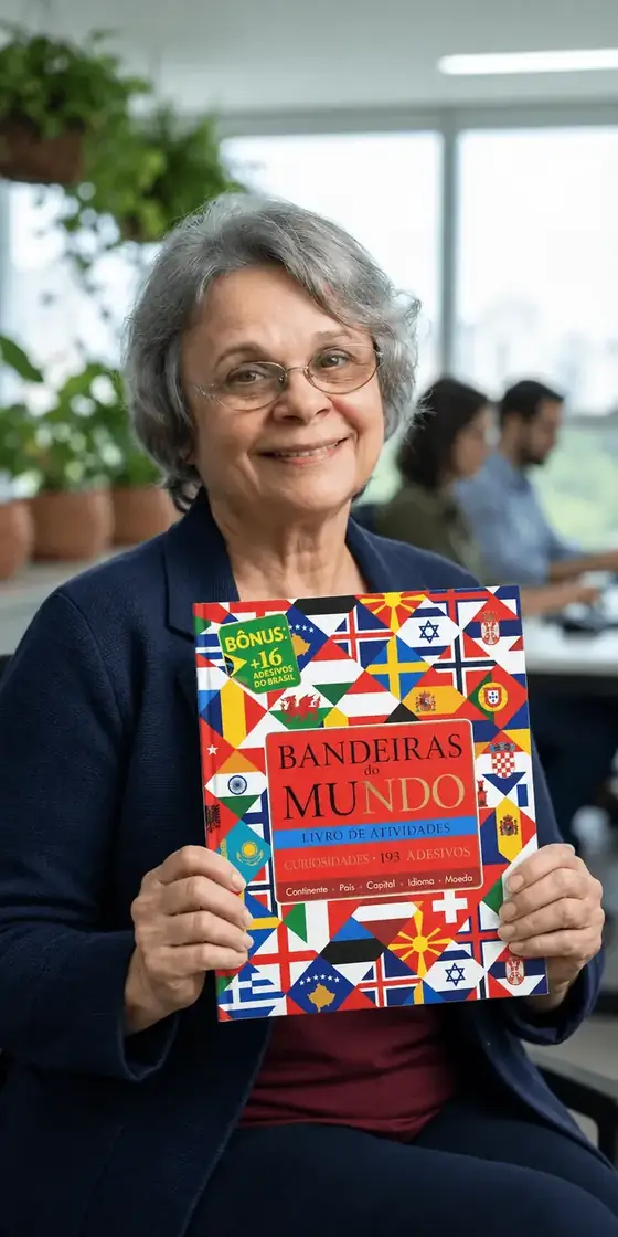 Maria Gorette segurando o livro Bandeiras do Mundo