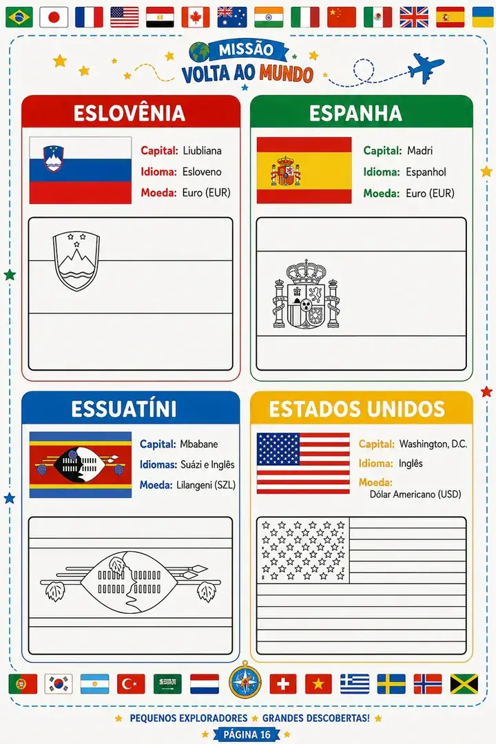 Páginas internas do Livro Missão Volta ao Mundo com países, bandeiras, capitais, idiomas e moedas