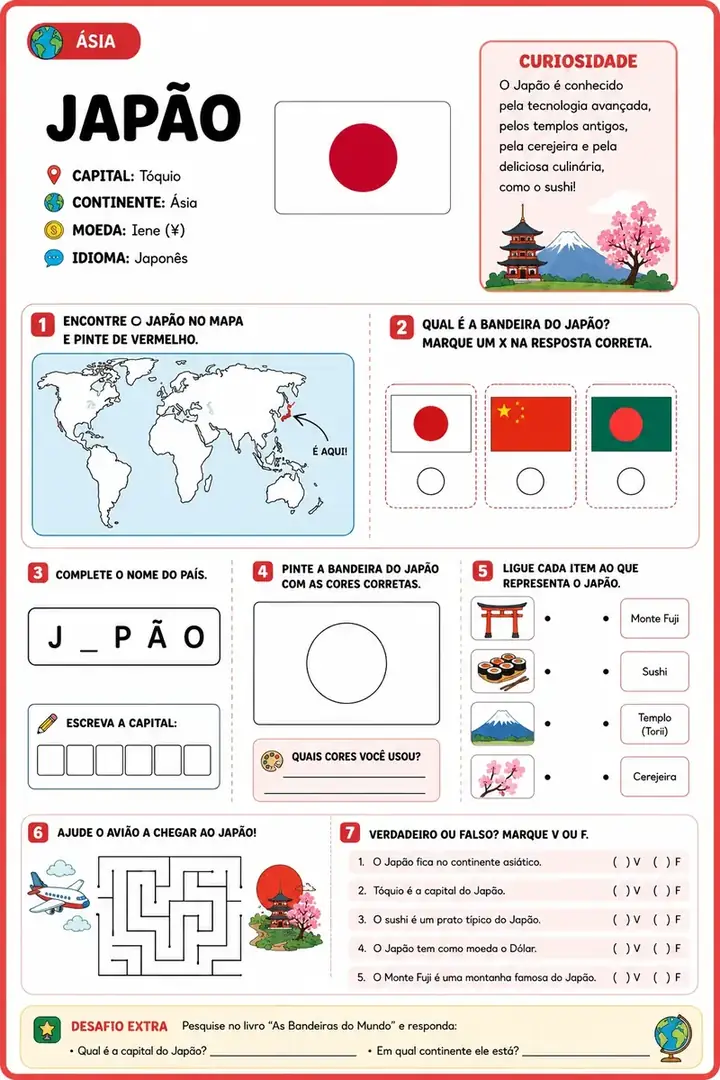 Folha de atividades bônus sobre o Japão com bandeira, informações do país e exercícios