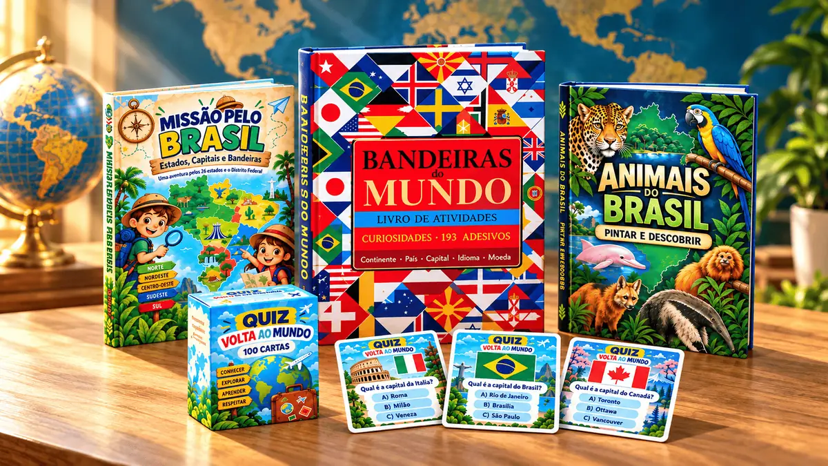 Coleção Missão Volta ao Mundo: livros de Bandeiras do Mundo, Animais do Brasil, Missão pelo Brasil e atividades educativas