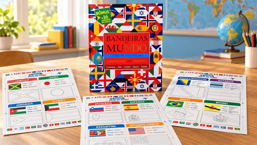 Livro Bandeiras do Mundo e cartas de atividades sobre países, capitais, moedas e curiosidades